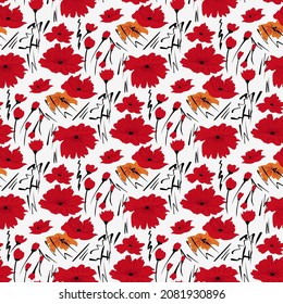 seamless pattern with red poppies on a white background, vertro, vector