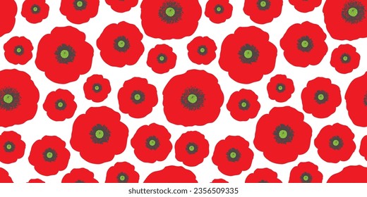Seamless pattern with red poppies on a white background. Summer vector illustration.