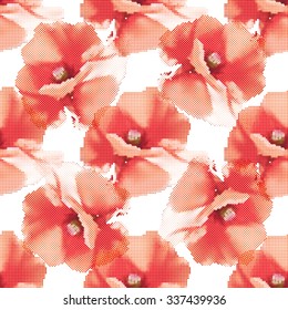 Seamless pattern with red poppies on white background. Vector illustration. Halftone effect.