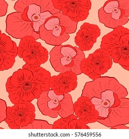 Seamless pattern with red poppies on light pink background.  Floral seamless background for dress, manufacturing, wallpapers, prints, gift wrap and scrapbook. 
