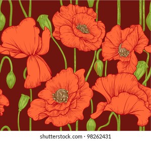 seamless pattern of red poppies on dark background