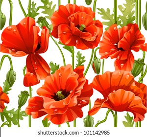 seamless pattern of red poppies realistic