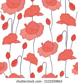 Seamless pattern red poppies for textiles, curtains, bed linen, for postcard backgrounds, wrapping paper. Pattern of red vector poppies on a white background.