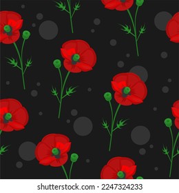 seamless pattern with red poppies vector, floral ornament with flowers and herbs, summer and spring pattern, turquoise circles, floral wallpaper for printing textiles and stationery, poppy