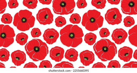 Seamless pattern with red poppies. Vector illustration.