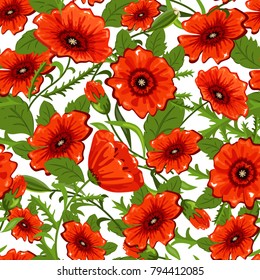 seamless pattern, red poppies, vector design, holiday
