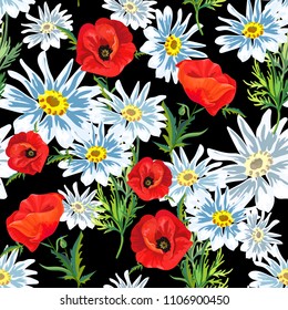 Seamless pattern with red poppies, white chamomile flowers on the black background. Summer floral vector illustration. Template for fashion prints, textile,fabric, wrapping gift paper.