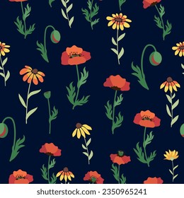 Patrón sin foco con amapolas rojas, flores de camomila blanca, rudbeckia amarilla. Campo de flores de verano, prado. Impresión para papel de regalo textil, de tela y de envoltura.