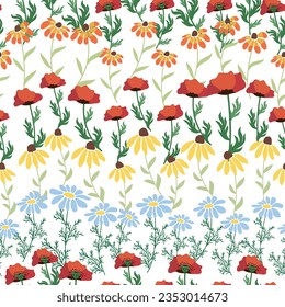Seamless pattern with red poppies, white chamomile flowers, yellow rudbeckia. Summer flower field, meadow. Print for textile, fabric, wrapping gift paper.