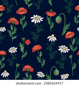 Seamless pattern with red poppies, white chamomile flowers, yellow rudbeckia. Summer flower field, meadow. Print for textile, fabric, wrapping gift paper.