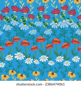 Seamless pattern with red poppies, white chamomile flowers, yellow rudbeckia. Summer flower field, meadow. Print for textile, fabric, wrapping gift paper.