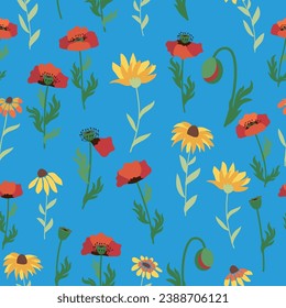 Seamless pattern with red poppies, white chamomile flowers, yellow rudbeckia. Summer flower field, meadow. Print for textile, fabric, wrapping gift paper.