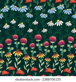 Seamless pattern with red poppies, white chamomile flowers, yellow rudbeckia. Summer flower field, meadow. Print for textile, fabric, wrapping gift paper.