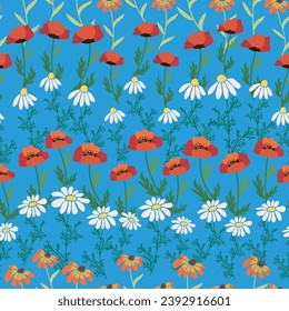 Seamless pattern with red poppies, white chamomile flowers, yellow rudbeckia. Summer flower field, meadow. Print for textile, fabric, wrapping gift paper.