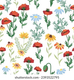 Seamless pattern with red poppies, white chamomile flowers, yellow rudbeckia. Summer flower field, meadow. Print for textile, fabric, wrapping gift paper.