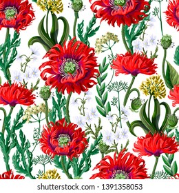 Seamless pattern with red poppies and wild flowers. 