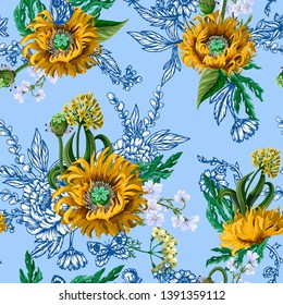 Seamless pattern with red poppies, wild flowers, graphic elements and butterfly. Vector.