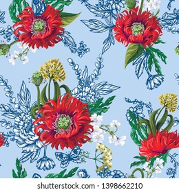Seamless pattern with red poppies, wild flowers, graphic elements and butterfly. Vector.