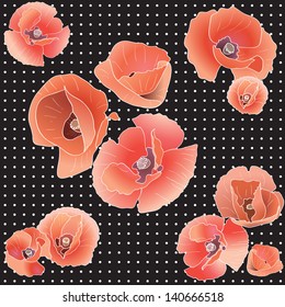 Seamless pattern with red poppy. Red flower and leaves. Vector illustration