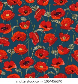 Seamless pattern with red poppy flowers and buds on dark. bright, juicy red buds.