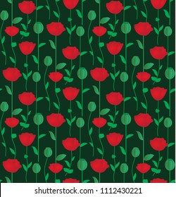 Seamless pattern with red poppy flowers, green leaf and opium . Bunch.  opium flowers garden on a green background. Floral cute print. beautiful vector illustration