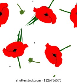 Seamless pattern with red poppy flowers