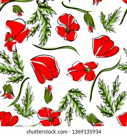 Seamless pattern with red poppy flowers and buds on white