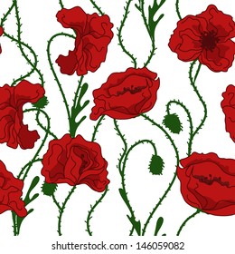 Seamless pattern of red poppy flowers