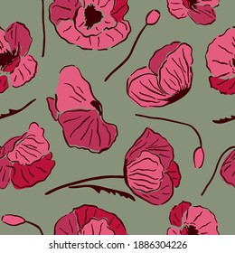 Seamless pattern with red poppy flowers and buds on green background.
