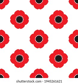 Seamless pattern with red poppy flowers on white background. Wild scarlet bloom ornament. Vector fabric print. Eco, floral, natural, love wallpaper.