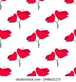 Seamless pattern with red poppy flowers on white background. Wild scarlet bloom ornament. Vector fabric print. Eco, floral, natural, love wallpaper.