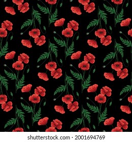 Seamless pattern with red poppy flowers. Papaver. Green stems and leaves. Hand drawn vector illustration. On black background.