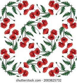 Patrón sin foco con flores rojas de amapola. Papaver. Ropa y hojas verdes. Ilustración vectorial dibujada a mano. Sobre fondo blanco.