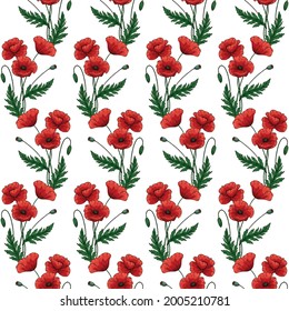 Nahtloses Muster mit roten Mohnblumen. Papaver. Grüne Stiele und Blätter. Handgezeichnete Vektorgrafik. Auf weißem Hintergrund.