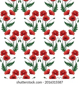 Seamless pattern with red poppy flowers. Papaver. Green stems and leaves. Hand drawn vector illustration. On white background.
