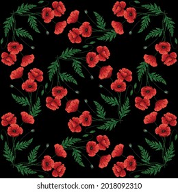 Seamless pattern with red poppy flowers. Papaver. Green stems and leaves. Hand drawn vector illustration. On black background.