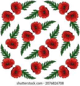 Patrón sin foco con flores rojas de amapola. Papaver. Ropa y hojas verdes. Ilustración vectorial dibujada a mano. Sobre fondo blanco.