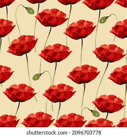 Patrón sin foco con flores rojas de amapola y brotes sobre un fondo amarillo claro.