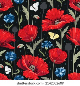 Seamless pattern with red poppy flowers, blue cornflowers, and butterflies on the dark background. Surface design for interior decoration, textile printing, printed issues, wrapping paper