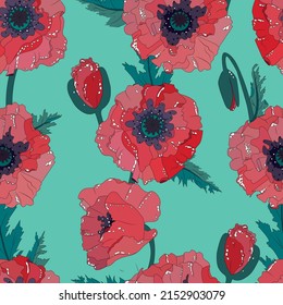 Patrón sin foco con flores rojas de amapola. Flores y hojas de amapola. Antecedentes. Impresión de tejido.