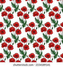 Seamless pattern with red poppy flowers and green leaves. Papaver. Ornate elegant summer background. Decor for Anzac day. Endless texture for textile, fashion, packing.