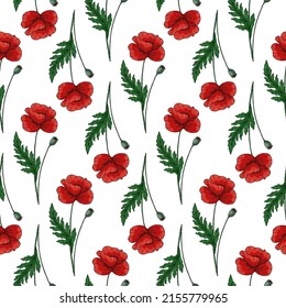 Seamless pattern with red poppy flowers and green leaves. Papaver. Ornate elegant summer background. Decor for Anzac day. Endless texture for textile, fashion, packing.