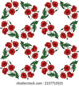 Seamless pattern with red poppy flowers and green leaves. Papaver. Ornate elegant summer background. Decor for Anzac day. Endless texture for textile, fashion, packing.