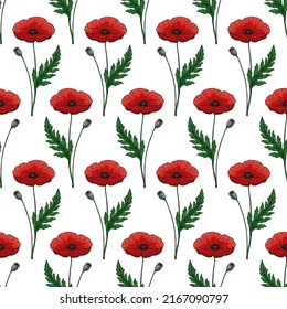 Seamless pattern with red poppy flowers and green leaves. Papaver. Ornate elegant summer background. Decor for Anzac day. Endless texture for textile, fashion, packing.