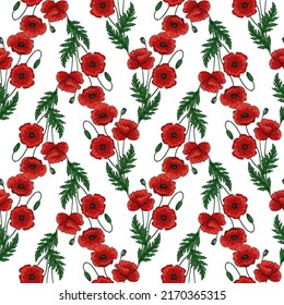 Seamless pattern with red poppy flowers and green leaves. Papaver. Ornate elegant summer background. Decor for Anzac day. Endless texture for textile, fashion, packing.