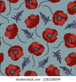 Seamless pattern with red poppy flowers. Papaver. Hand drawn line art sketch vector illustration. Ornate elegant summer background. Decor for Anzac day. Endless texture for textile, fashion, packing.