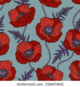 Seamless pattern with red poppy flowers. Papaver. Hand drawn line art sketch vector illustration. Ornate elegant summer background. Decor for Anzac day. Endless texture for textile, fashion, packing.