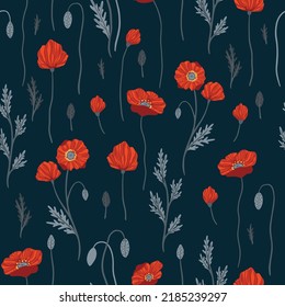 Patrón sin foco con flores rojas de amapola. Diseño para embalaje, etiqueta y tarjeta de felicitación.