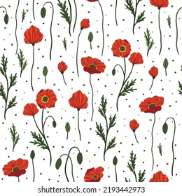 Patrón sin foco con flores rojas de amapola y brotes en blanco.