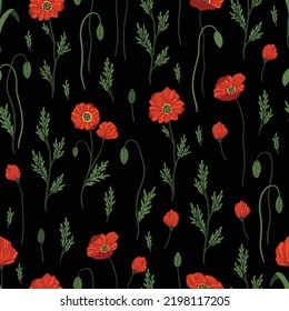 Seamless pattern with red poppy flowers and buds on white.